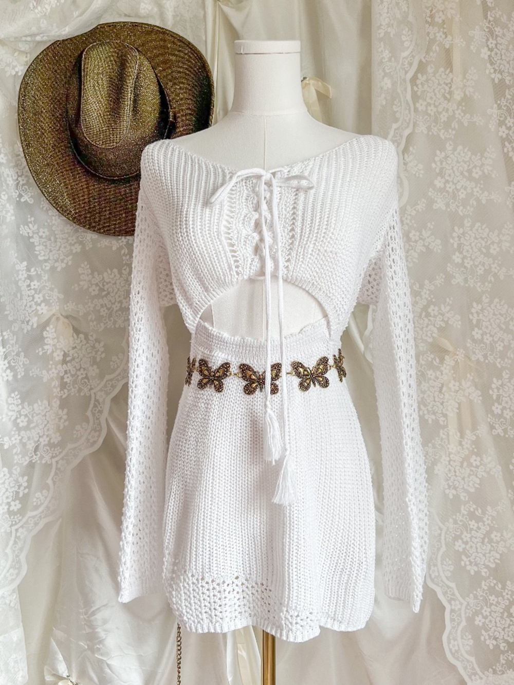 White Crochet Boho Coastal Cowgirl Knit Lace-Up Cutout Mini Dress